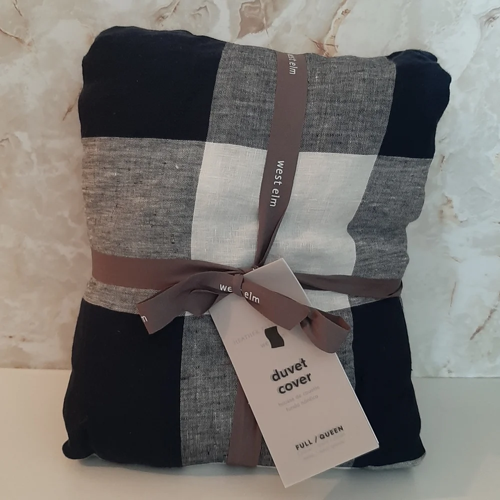 West Elm Heather Taylor Home Gingham Full Queen Linen Duvet Cover Midnight